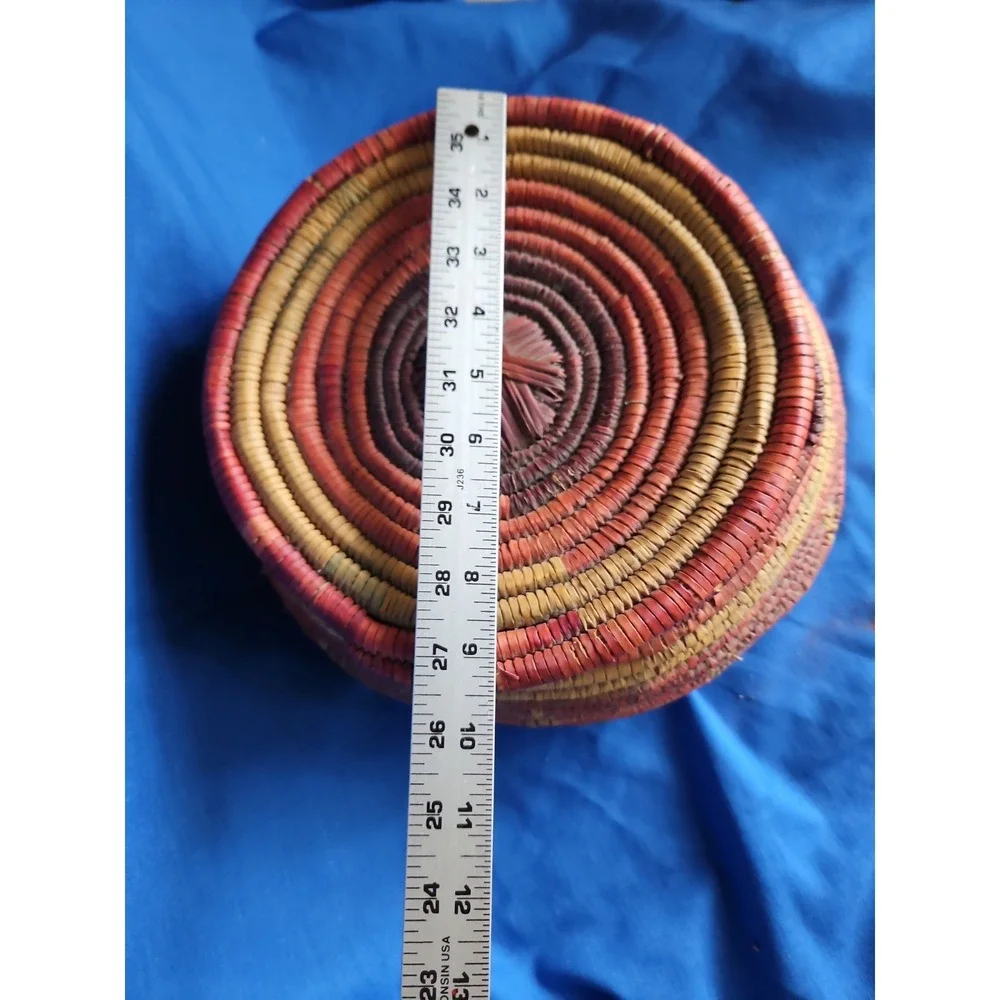 Handwoven Coiled Basket Lidded Storage Rustic Primitive Leather Polychrome 10